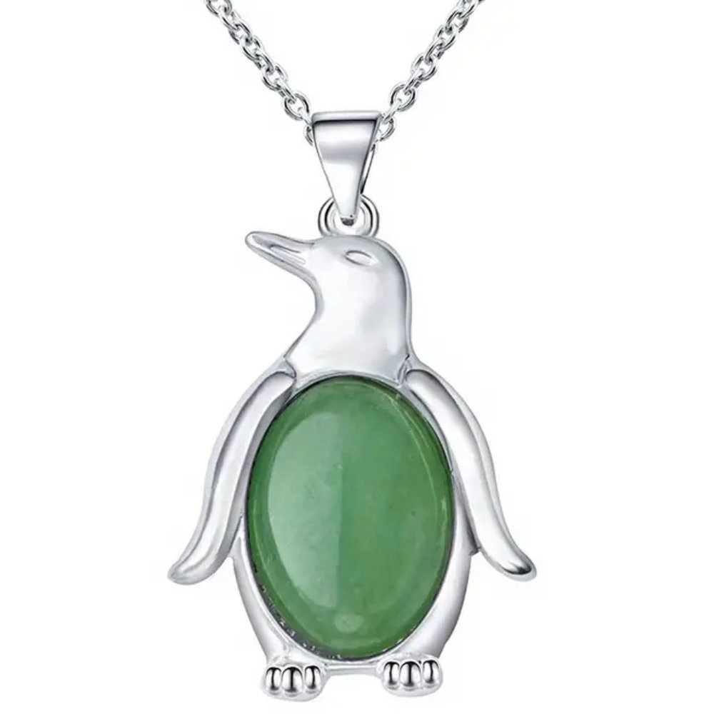 Green Aventurine Natural Stone Penguin Shaped Pendant Necklace Healing Gemstone